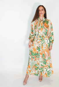 Vestido manga larga de flores verde con naranja