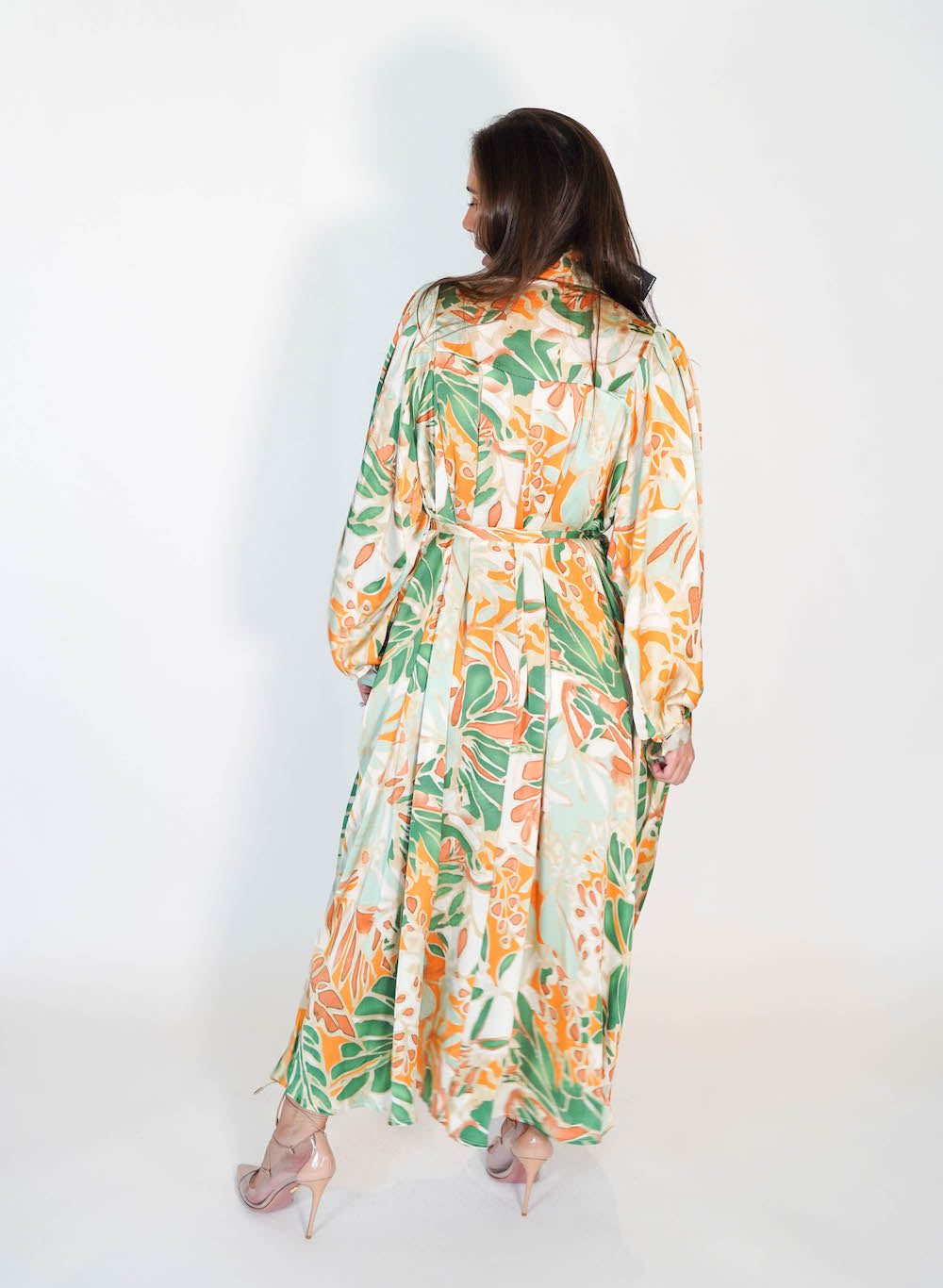 Vestido manga larga de flores verde con naranja