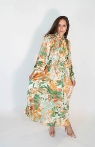 Vestido manga larga de flores verde con naranja