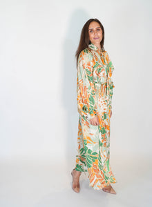 Vestido manga larga de flores verde con naranja
