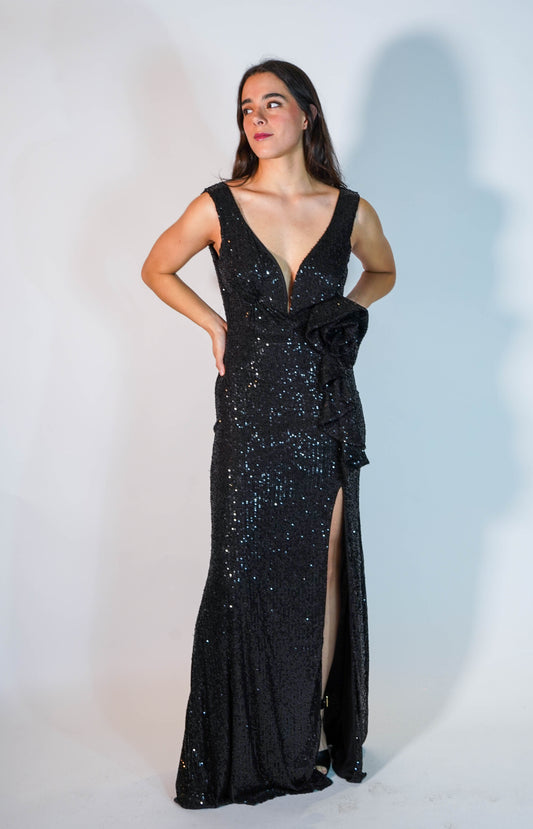 Kaia Black Flower Sequin Dress