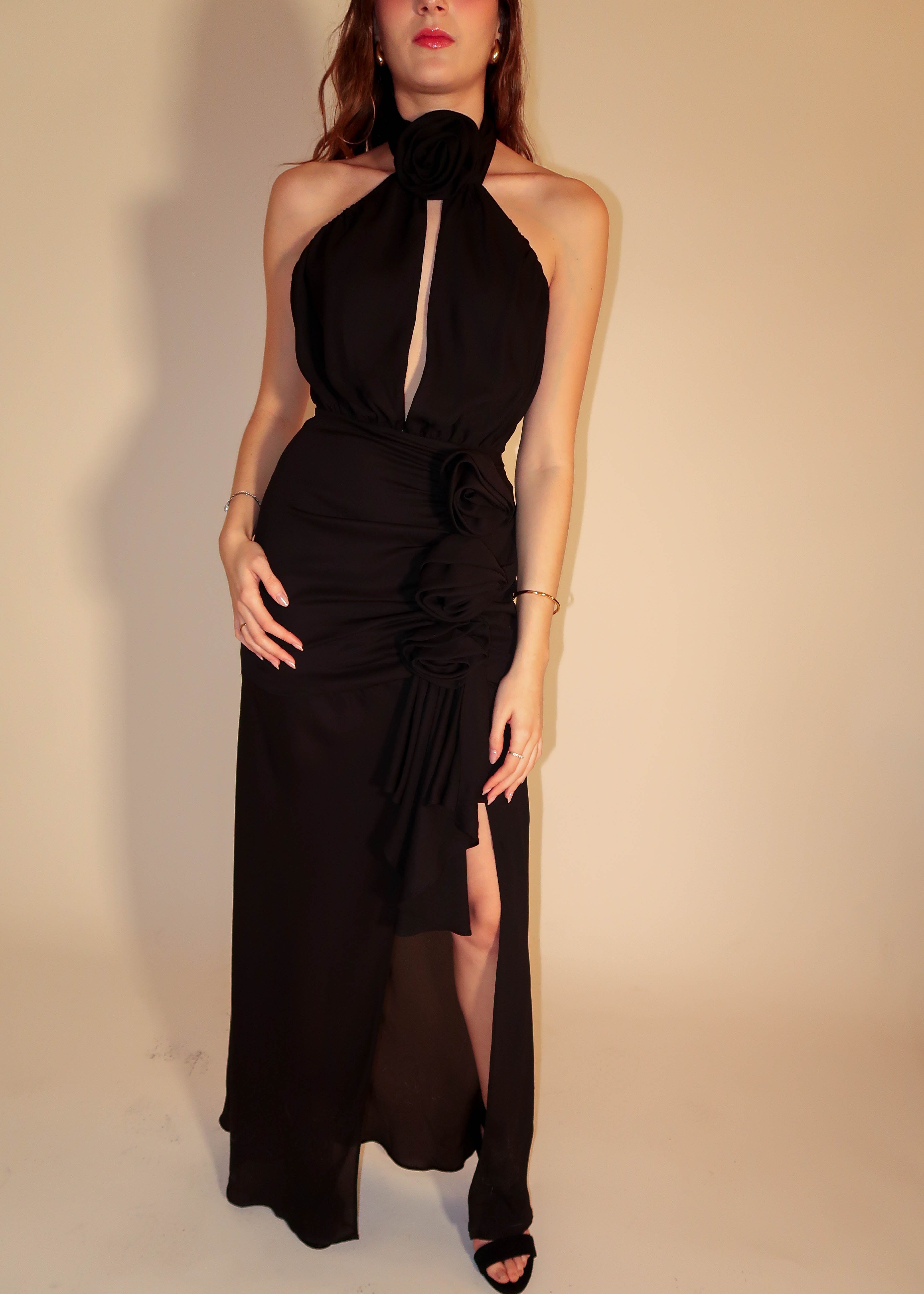 Kaia Flower Halter Black Dress
