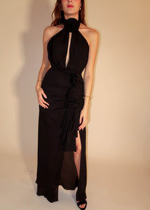 Kaia Flower Halter Black Dress